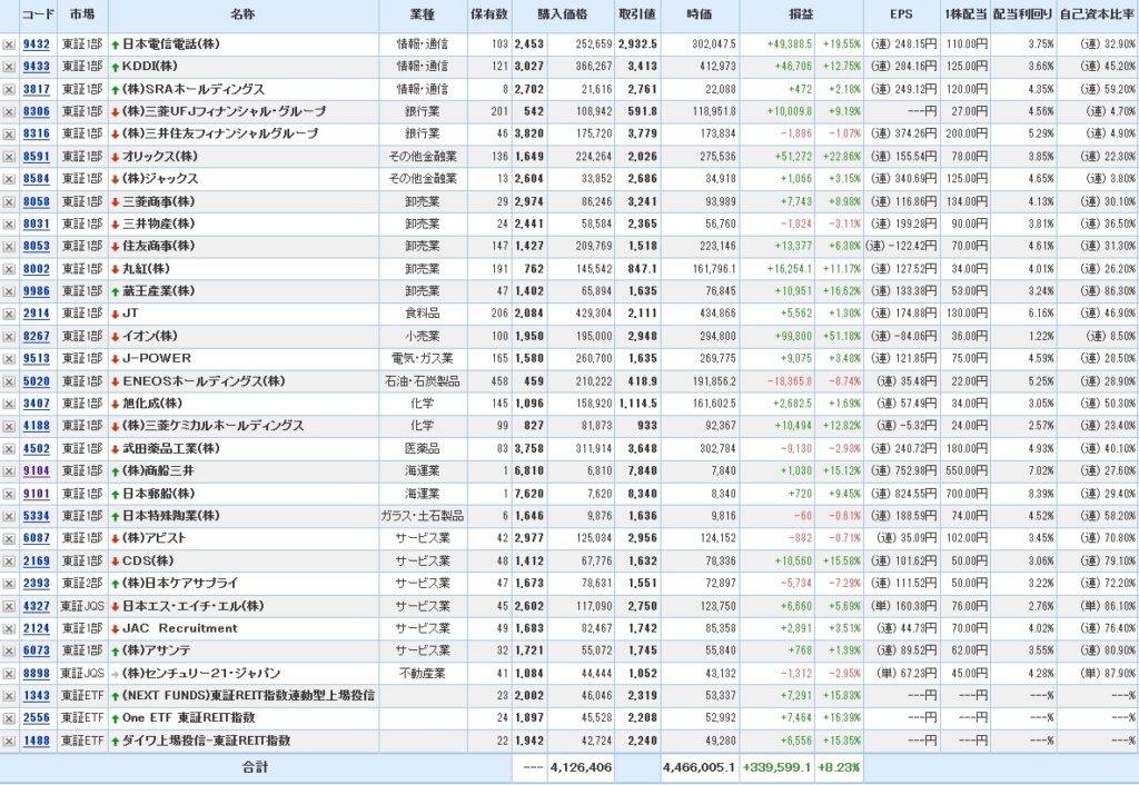現在の日本株の投資銘柄と投資額の一覧